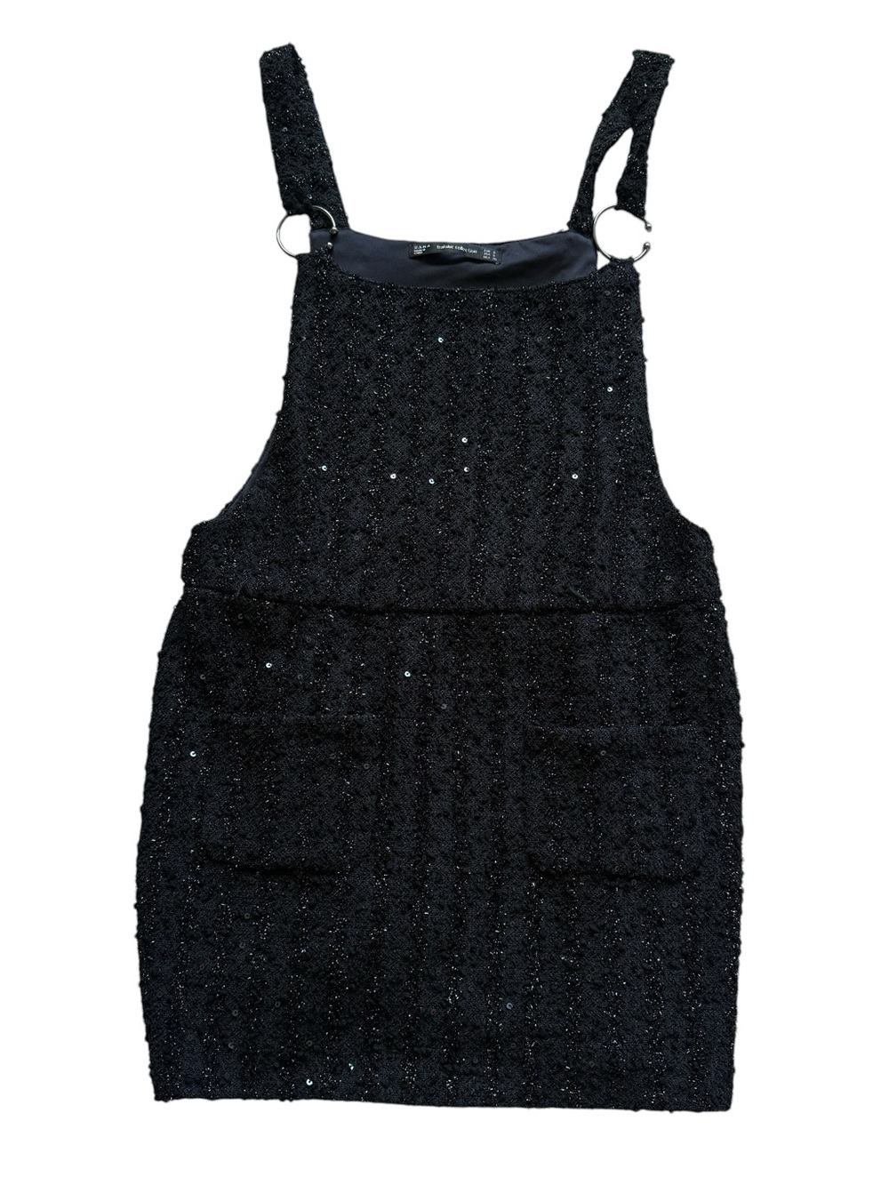 Zara Trafaluc Black Sequin Tweed Pinafore Mini Dress Jumper Party Holiday Size S